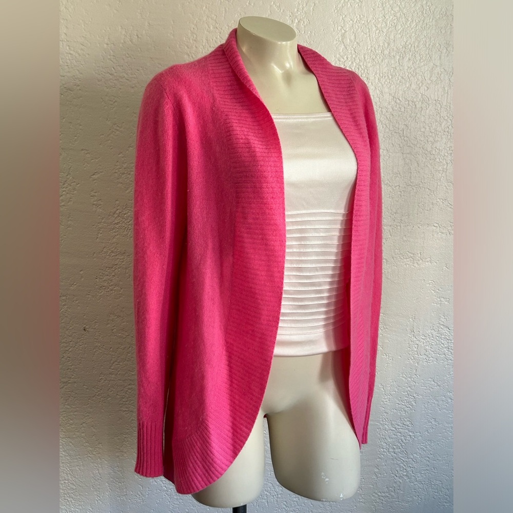 Two Bees 100% Cashmere Pink Fuchsia / blue/white  striped cardigan LARGE as is